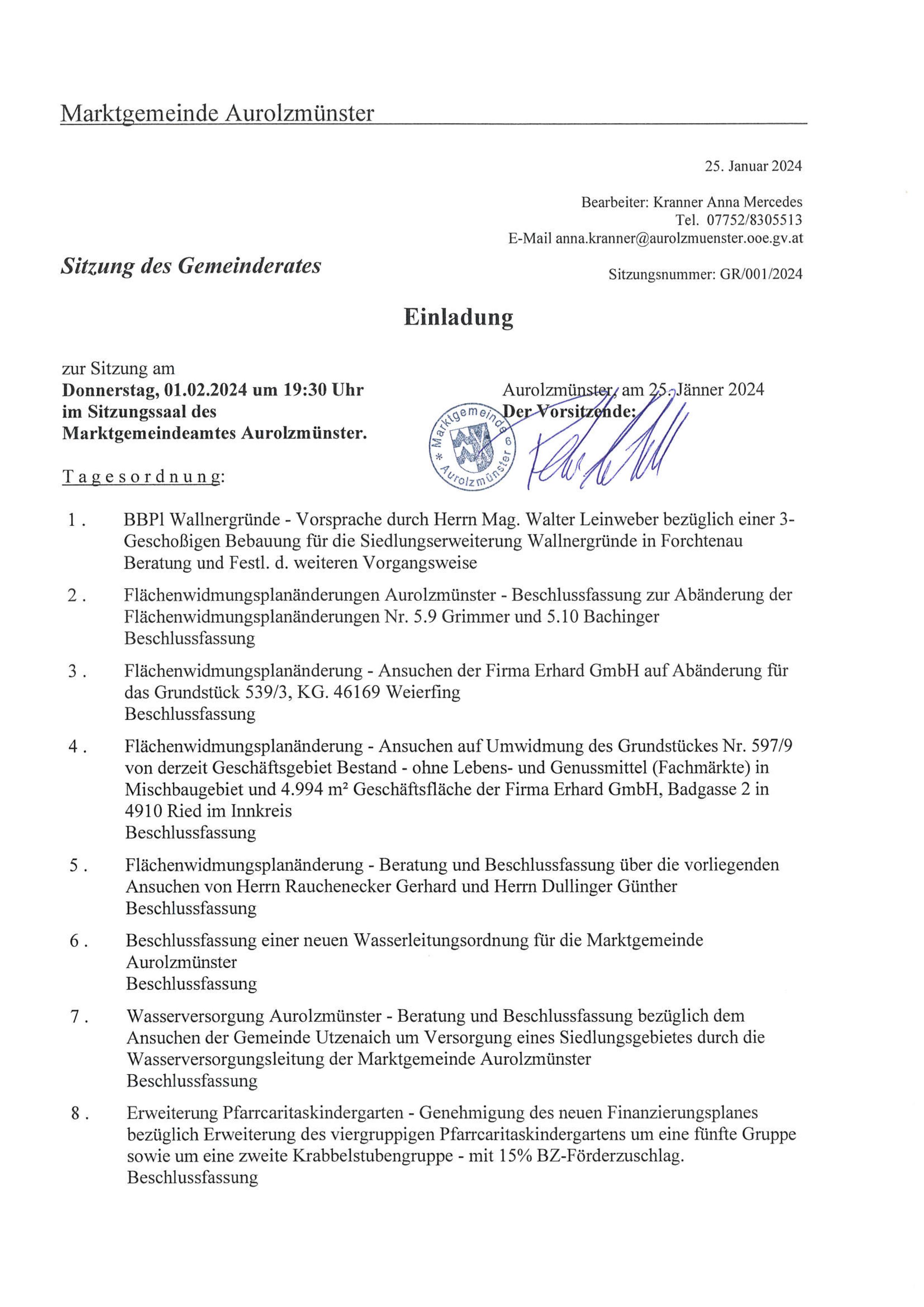 Einladung zur 1. Gemeinderatssitzung 2024