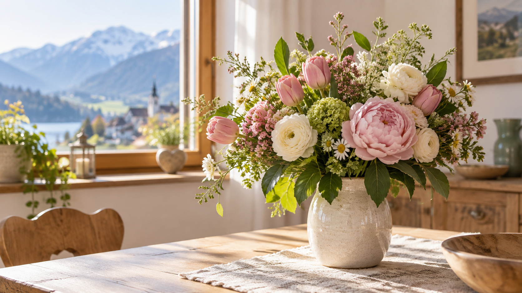 Rosa und weiße Frühlingsblumen in einer Vase im warmen Morgenlicht